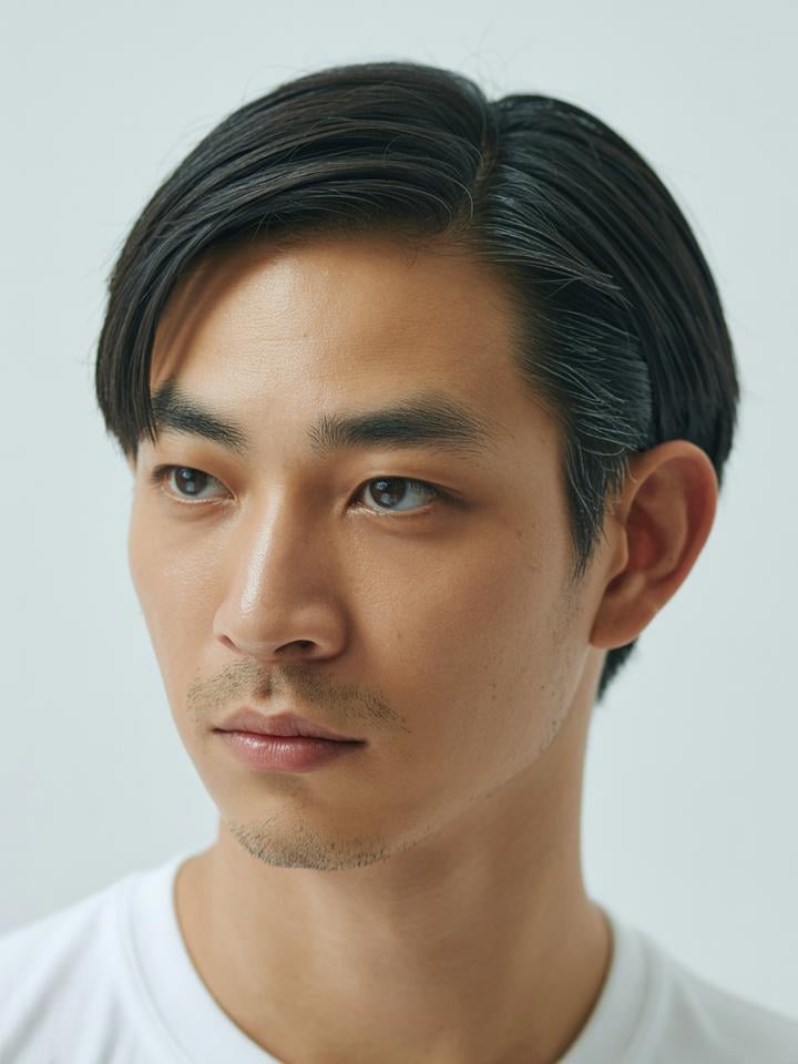 Kenji — AI fashion model: Side-parted dark hair, clean editorial look